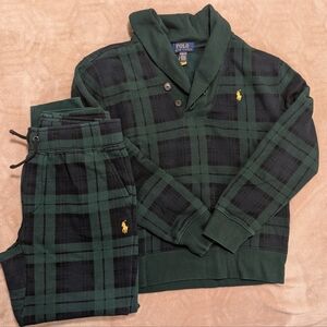 Boys Polo by Ralph Lauren Dark Green Plaid Jogging Suit Set